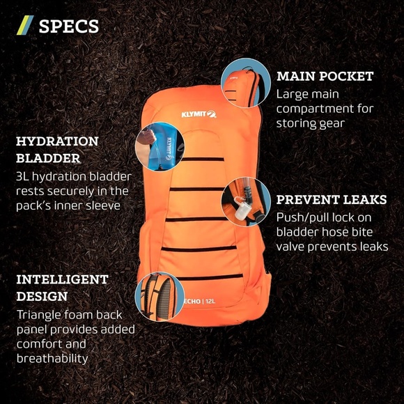 NWT - Klymit Echo 12-Liter Hydration Backpack - orange w/black trim   BH - Picture 5 of 9